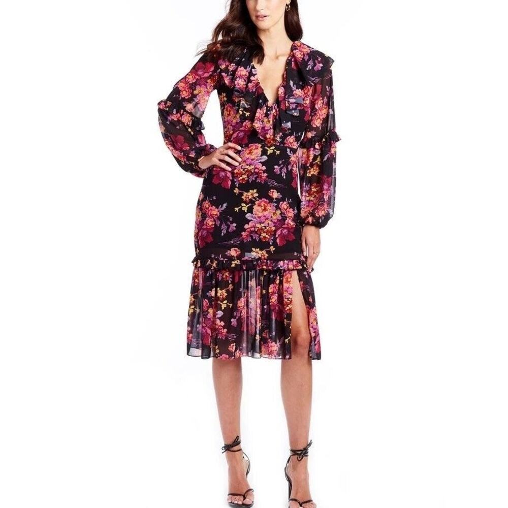 Amanda Uprichard Ruffle Evening Blossom Floral Talulah Dress Medium Pleated Midi